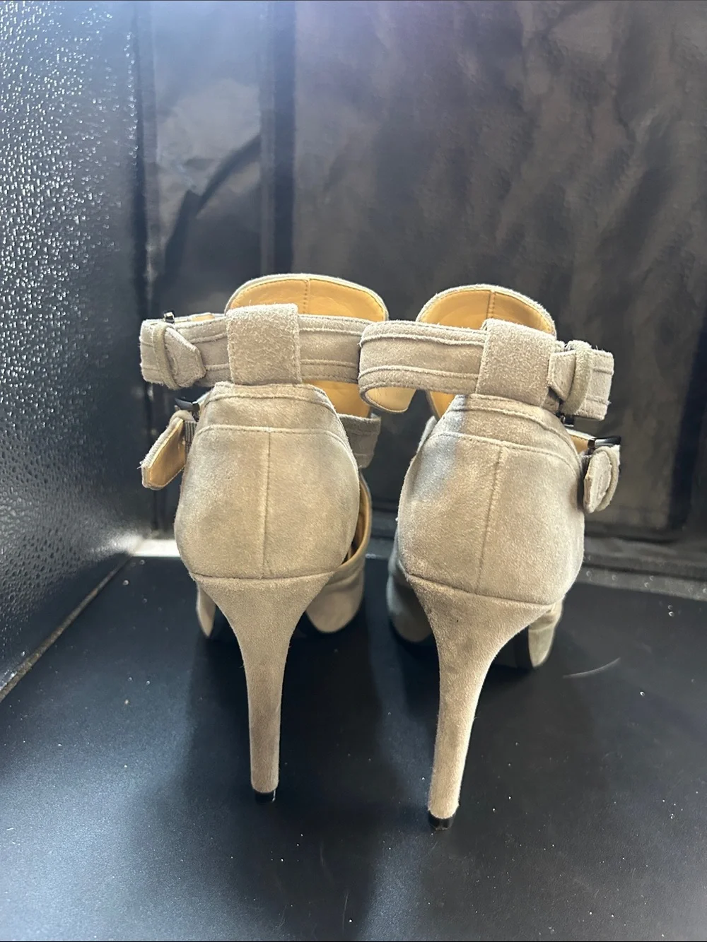 Michael Kors Taupe Suede Peep-Toe Buckle Mules